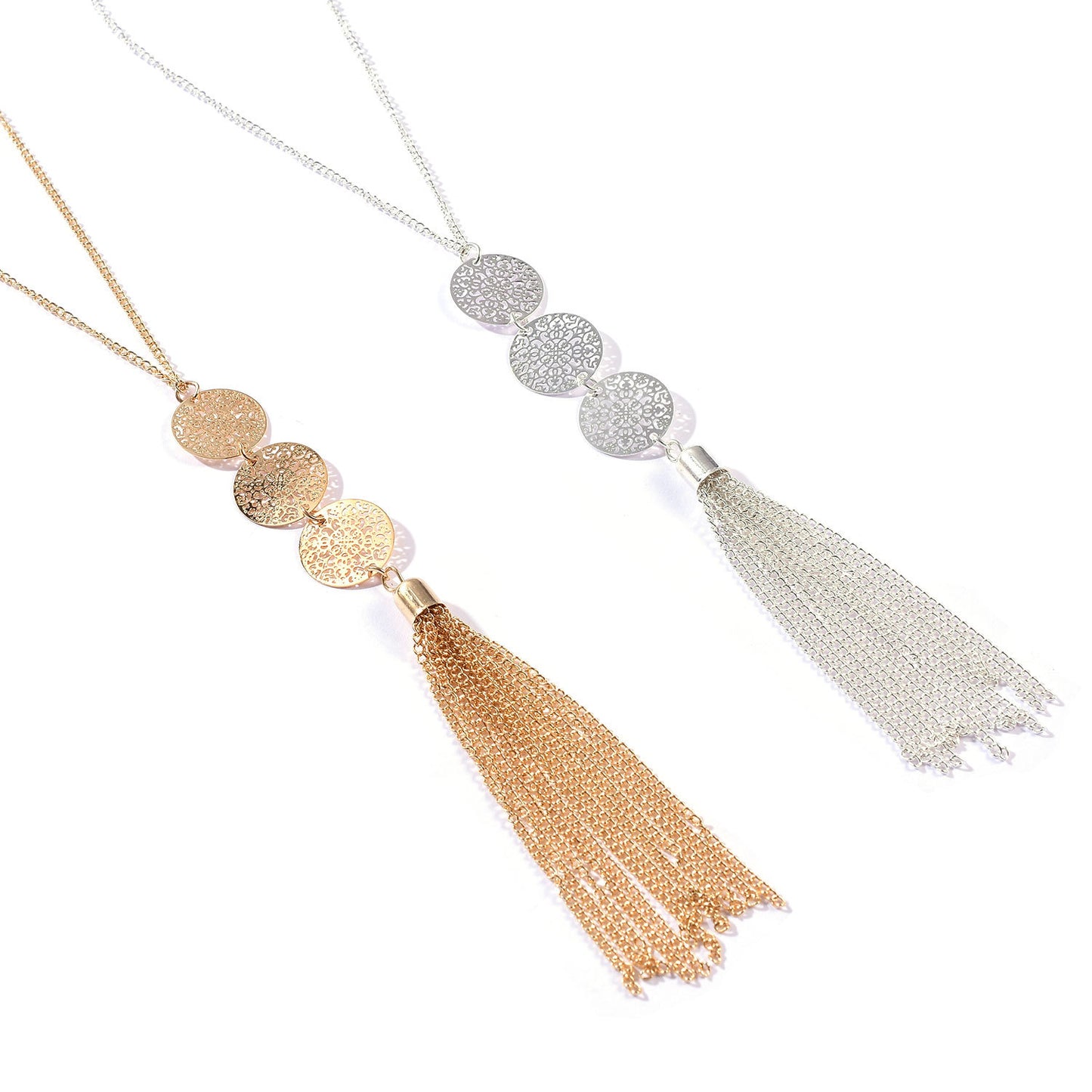 Cross-border ornaments vintage cut-out discs geometric round tassel pendant necklace women