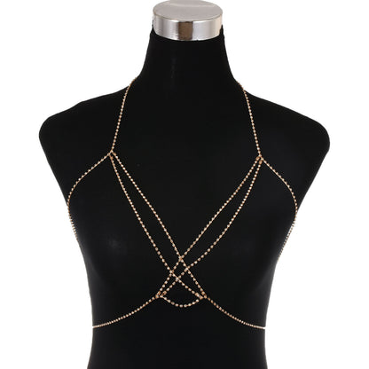 European and American cross-border jewelry, punk metallic, sexy diamond-encrusted chest bracelet, women's fashion nightclub, multi-layer rhinestone body chain