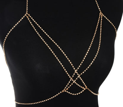 European and American cross-border jewelry, punk metallic, sexy diamond-encrusted chest bracelet, women's fashion nightclub, multi-layer rhinestone body chain