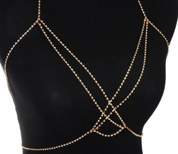 European and American cross-border jewelry, punk metallic, sexy diamond-encrusted chest bracelet, women's fashion nightclub, multi-layer rhinestone body chain - view 2 | Ciaura