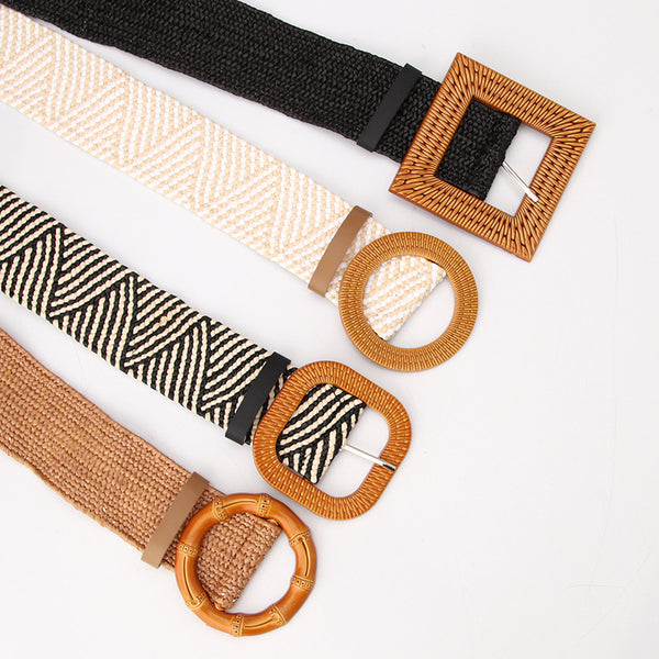 Women's imitation straw woven wide, simple and versatile round buckle belt Mori women's cotton and linen stretch woven elastic dress decorative belt