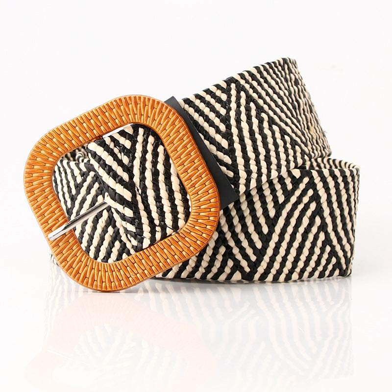 Cinto de senhora Mori, largo, simples e versátil, em imitação de palha entrançada, com fivela redonda. Cinto decorativo para vestidos, em tecido elástico de algodão e linho entrançado.