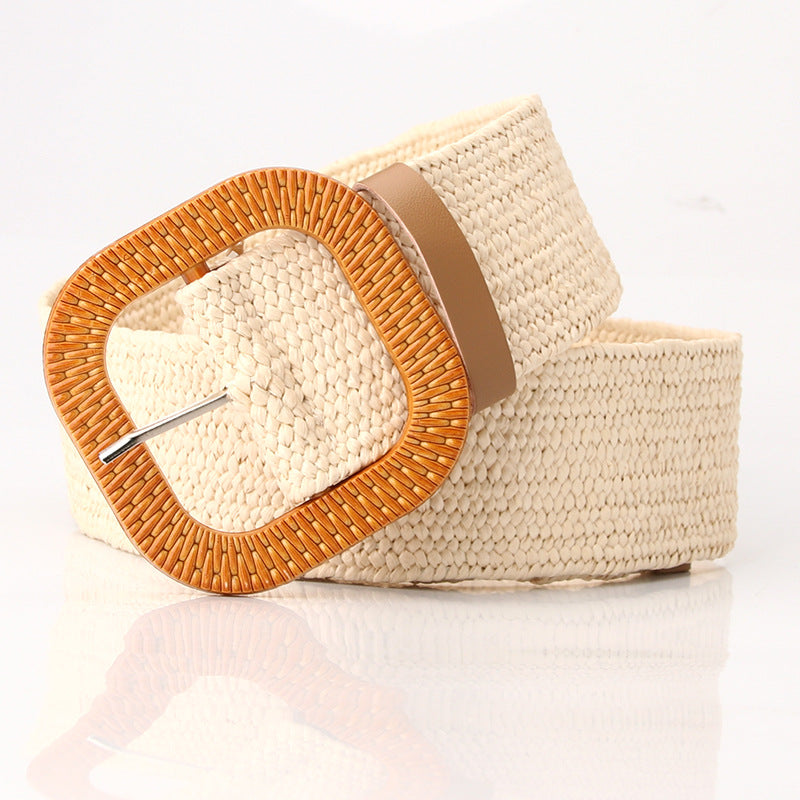 Women's imitation straw woven wide, simple and versatile round buckle belt Mori women's cotton and linen stretch woven elastic dress decorative belt