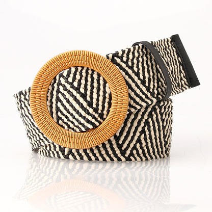 Women's imitation straw woven wide, simple and versatile round buckle belt Mori women's cotton and linen stretch woven elastic dress decorative belt