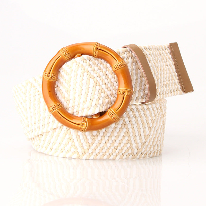 Women's imitation straw woven wide, simple and versatile round buckle belt Mori women's cotton and linen stretch woven elastic dress decorative belt