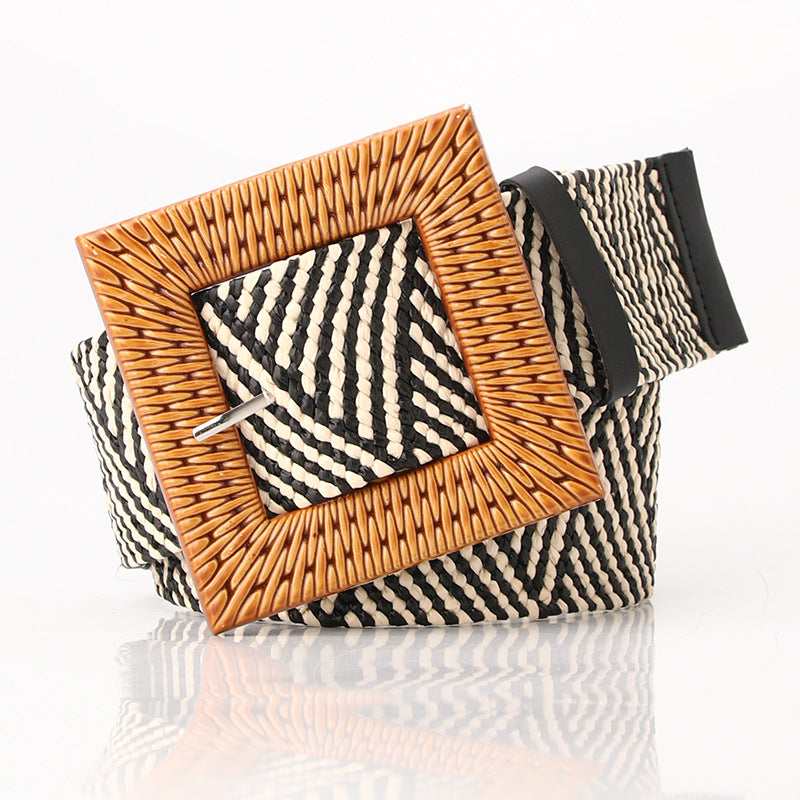 Women's imitation straw woven wide, simple and versatile round buckle belt Mori women's cotton and linen stretch woven elastic dress decorative belt