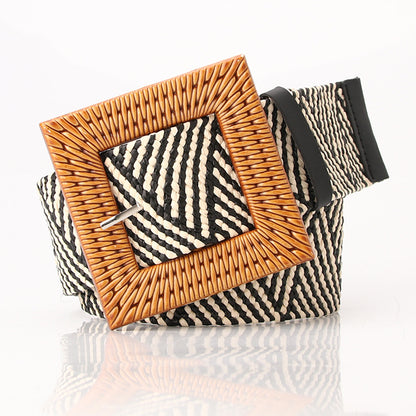 Cinto de senhora Mori, largo, simples e versátil, em imitação de palha entrançada, com fivela redonda. Cinto decorativo para vestidos, em tecido elástico de algodão e linho entrançado.