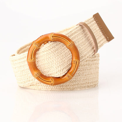 Women's imitation straw woven wide, simple and versatile round buckle belt Mori women's cotton and linen stretch woven elastic dress decorative belt