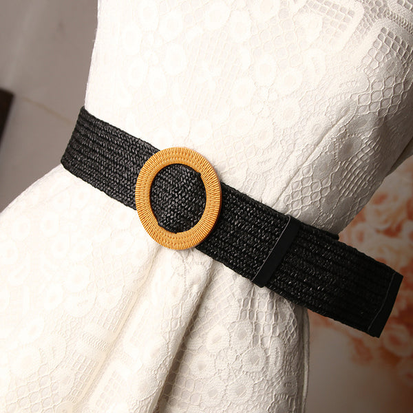 Women's imitation straw woven wide, simple and versatile round buckle belt Mori women's cotton and linen stretch woven elastic dress decorative belt