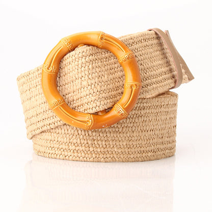 Women's imitation straw woven wide, simple and versatile round buckle belt Mori women's cotton and linen stretch woven elastic dress decorative belt