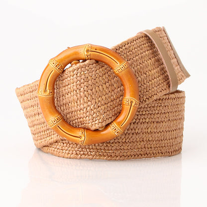 Women's imitation straw woven wide, simple and versatile round buckle belt Mori women's cotton and linen stretch woven elastic dress decorative belt