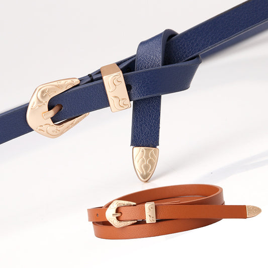 New women's matte multicolor pu thin belt alloy carved three-piece set simple versatile dress decorated belt factory