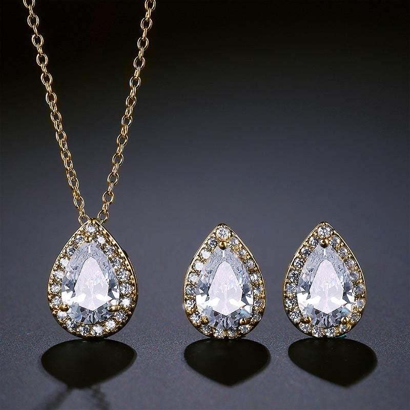 European and American fashion classic waterdrop necklace and earring two-piece set, set with AAA zircon jewelry
