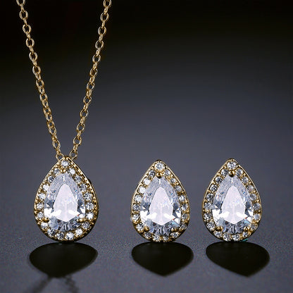 European and American fashion classic waterdrop necklace and earring two-piece set, set with AAA zircon jewelry