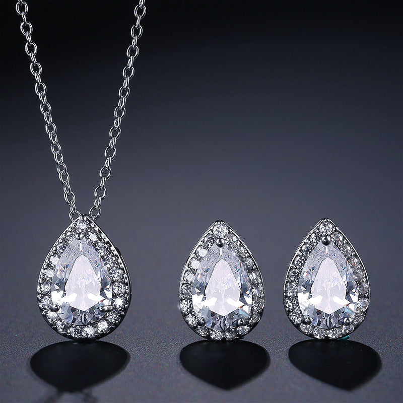 European and American fashion classic waterdrop necklace and earring two-piece set, set with AAA zircon jewelry