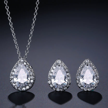 European and American fashion classic waterdrop necklace and earring two-piece set, set with AAA zircon jewelry