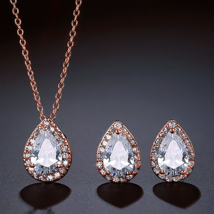 European and American Fashion Classic Trendy Waterdrop Necklace Earrings Light Luxury Two-Piece Set with AAA Zircon Jewelry Set