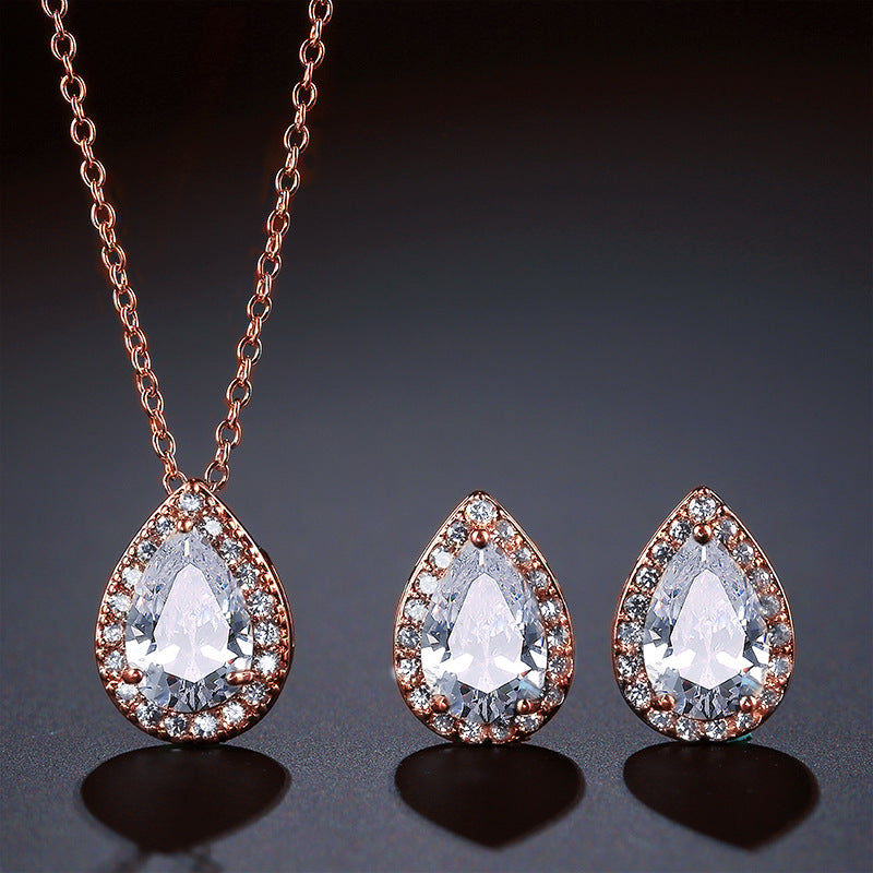 European and American fashion classic waterdrop necklace and earring two-piece set, set with AAA zircon jewelry