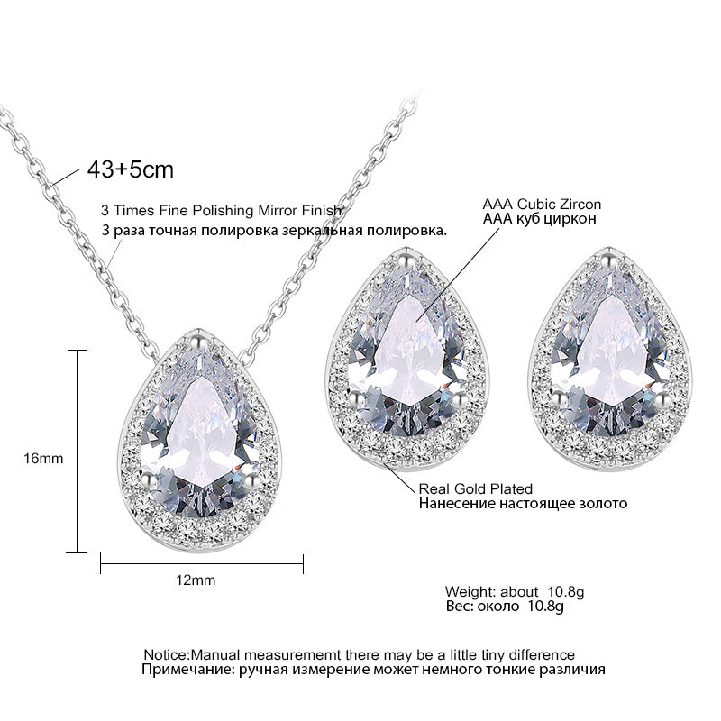 European and American Fashion Classic Trendy Waterdrop Necklace Earrings Light Luxury Two-Piece Set with AAA Zircon Jewelry Set