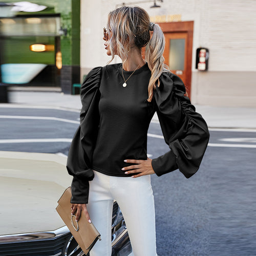 ChicAura Bubble Sleeve Slim Fit Top for Women – Elegant Puff Sleeve Fitted Blouse Shirt