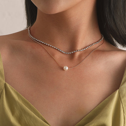 European and American cross-border jewelry, fashion temperament, double-layer pearl necklace, women's popular micro-inlaid rhinestones, trendy brand personality necklaces