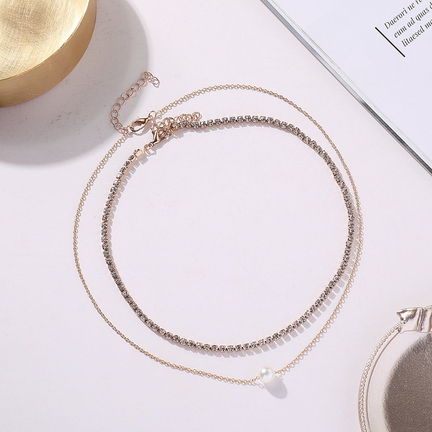 European and American cross-border jewelry, fashion temperament, double-layer pearl necklace, women's popular micro-inlaid rhinestones, trendy brand personality necklaces