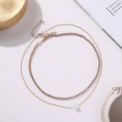 European and American cross-border jewelry, fashion temperament, double-layer pearl necklace, women's popular micro-inlaid rhinestones, trendy brand personality necklaces