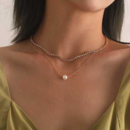 European and American cross-border jewelry, fashion temperament, double-layer pearl necklace, women's popular micro-inlaid rhinestones, trendy brand personality necklaces