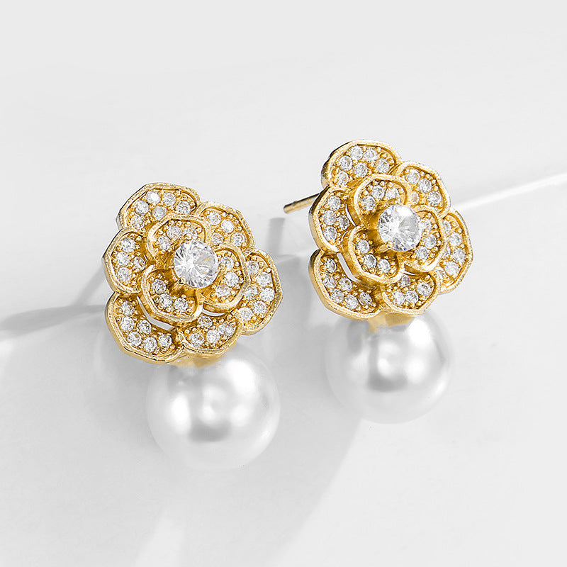 RAKOL 2022 New Creative Rose Flower Light Luxury Zircon Earrings for Women, Fashionable Simple Versatile Pearl Earrings