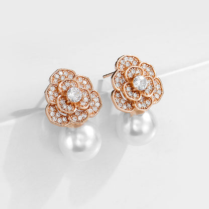RAKOL 2022 New Creative Rose Flower Light Luxury Zircon Earrings for Women, Fashionable Simple Versatile Pearl Earrings