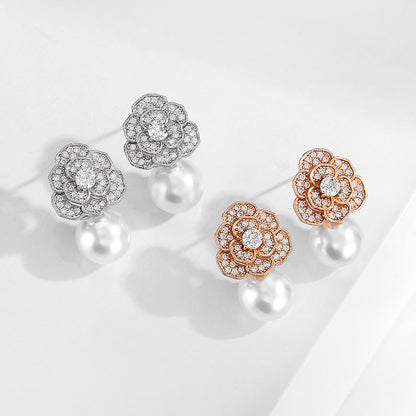 RAKOL 2022 New Creative Rose Flower Light Luxury Zircon Earrings for Women, Fashionable Simple Versatile Pearl Earrings