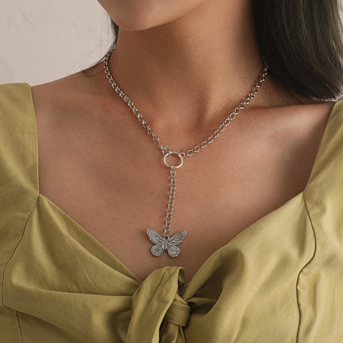 European and American cross-border jewelry fashion alloy butterfly shape pendant necklace female geometric tassel ring temperament necklace