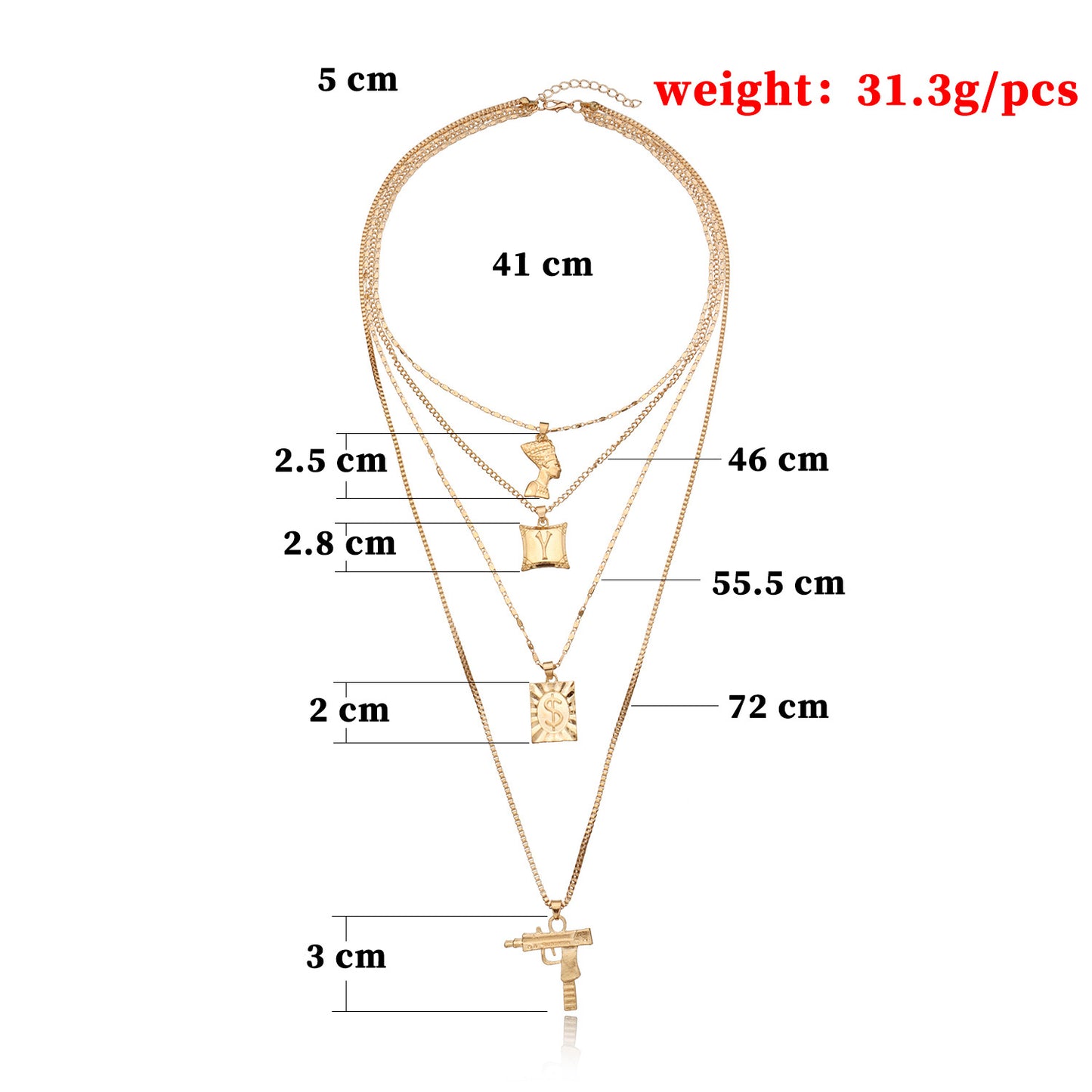 European and American cross-border jewelry, uzi machine gun, dollar pendant necklace, women, queen's head, alloy letters, multi-layer necklace