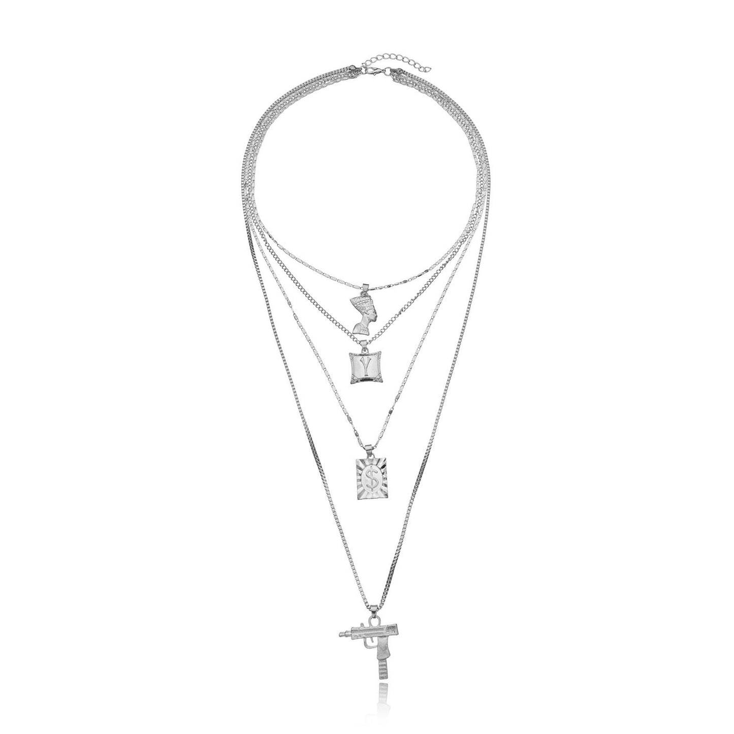 European and American cross-border jewelry, uzi machine gun, dollar pendant necklace, women, queen's head, alloy letters, multi-layer necklace
