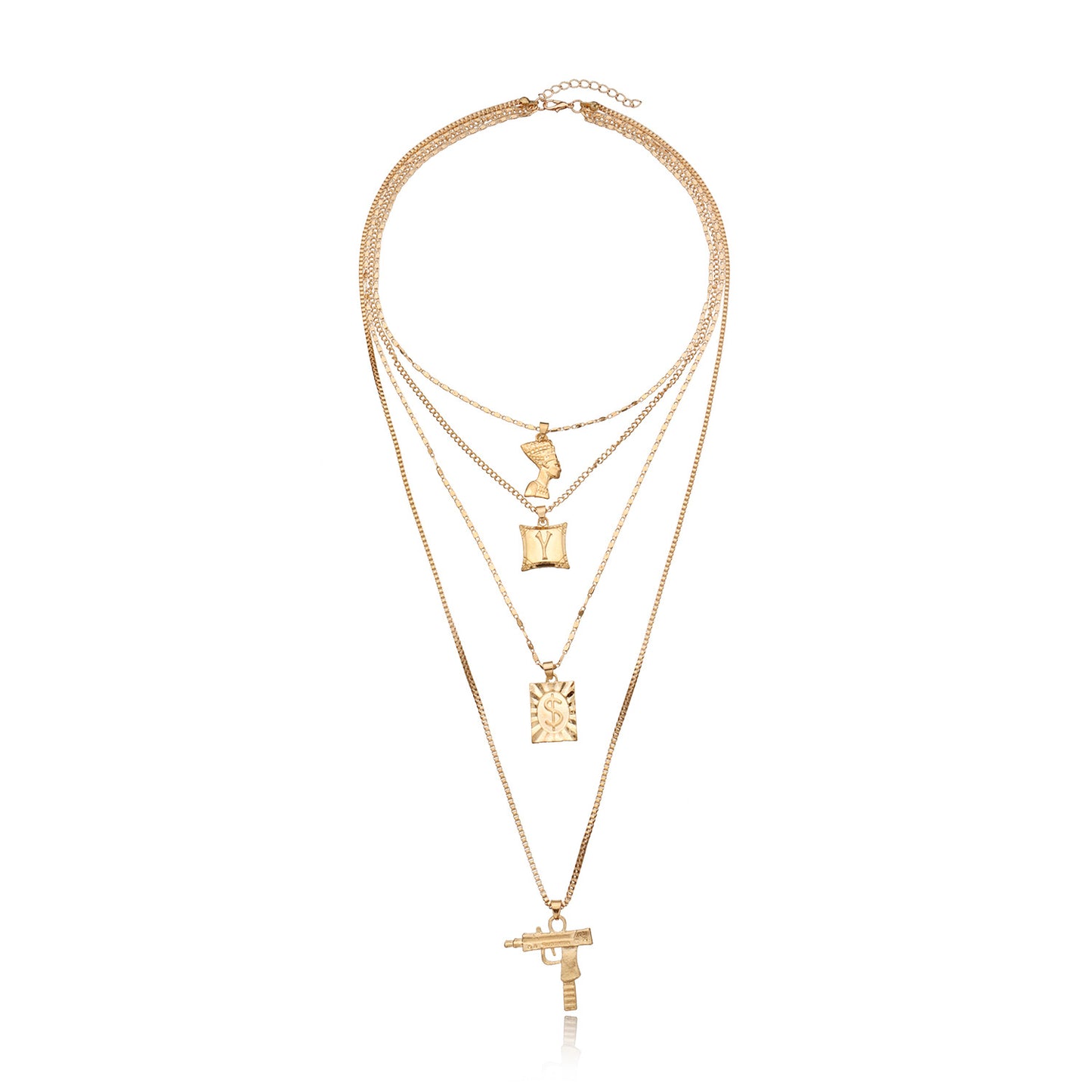 European and American cross-border jewelry, uzi machine gun, dollar pendant necklace, women, queen's head, alloy letters, multi-layer necklace