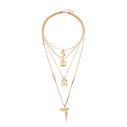 European and American cross-border jewelry, uzi machine gun, dollar pendant necklace, women, queen's head, alloy letters, multi-layer necklace