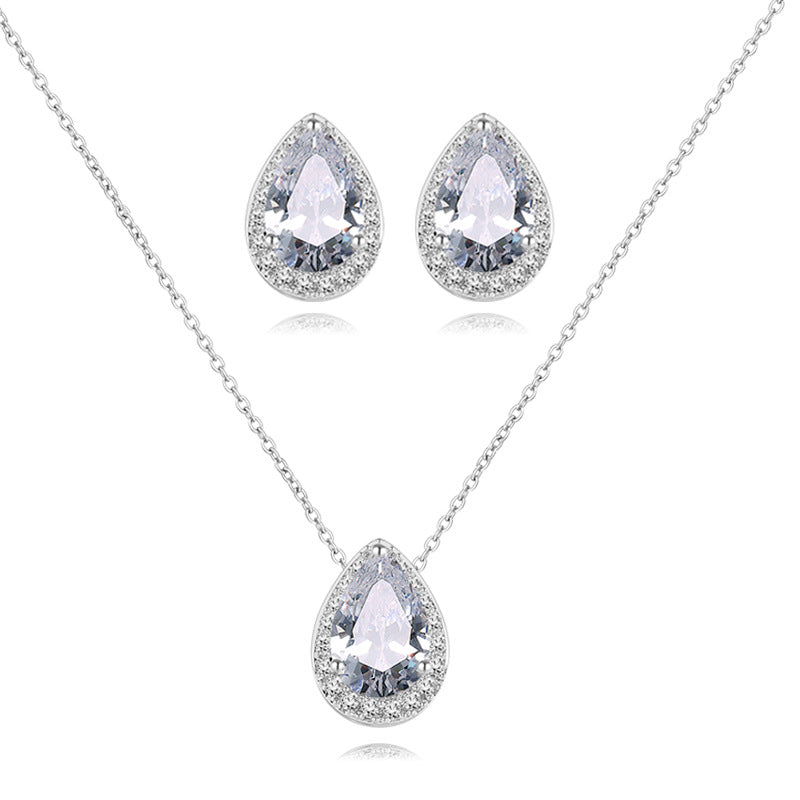 European and American Fashion Classic Trendy Waterdrop Necklace Earrings Light Luxury Two-Piece Set with AAA Zircon Jewelry Set