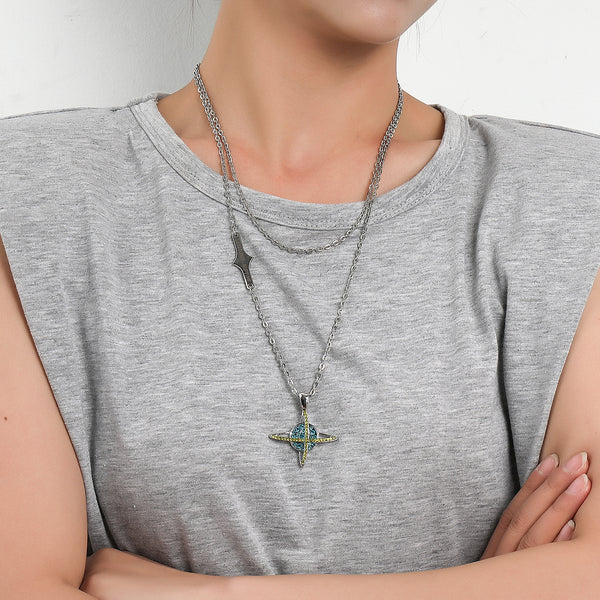 European and American cross-border jewelry, ins, hip-hop, full of diamonds, design, planet universe necklace, retro double-layered trendy brand men's and women's necklaces
