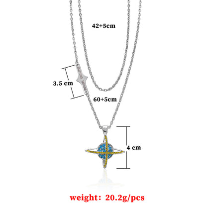 European and American cross-border jewelry, ins, hip-hop, full of diamonds, design, planet universe necklace, retro double-layered trendy brand men's and women's necklaces