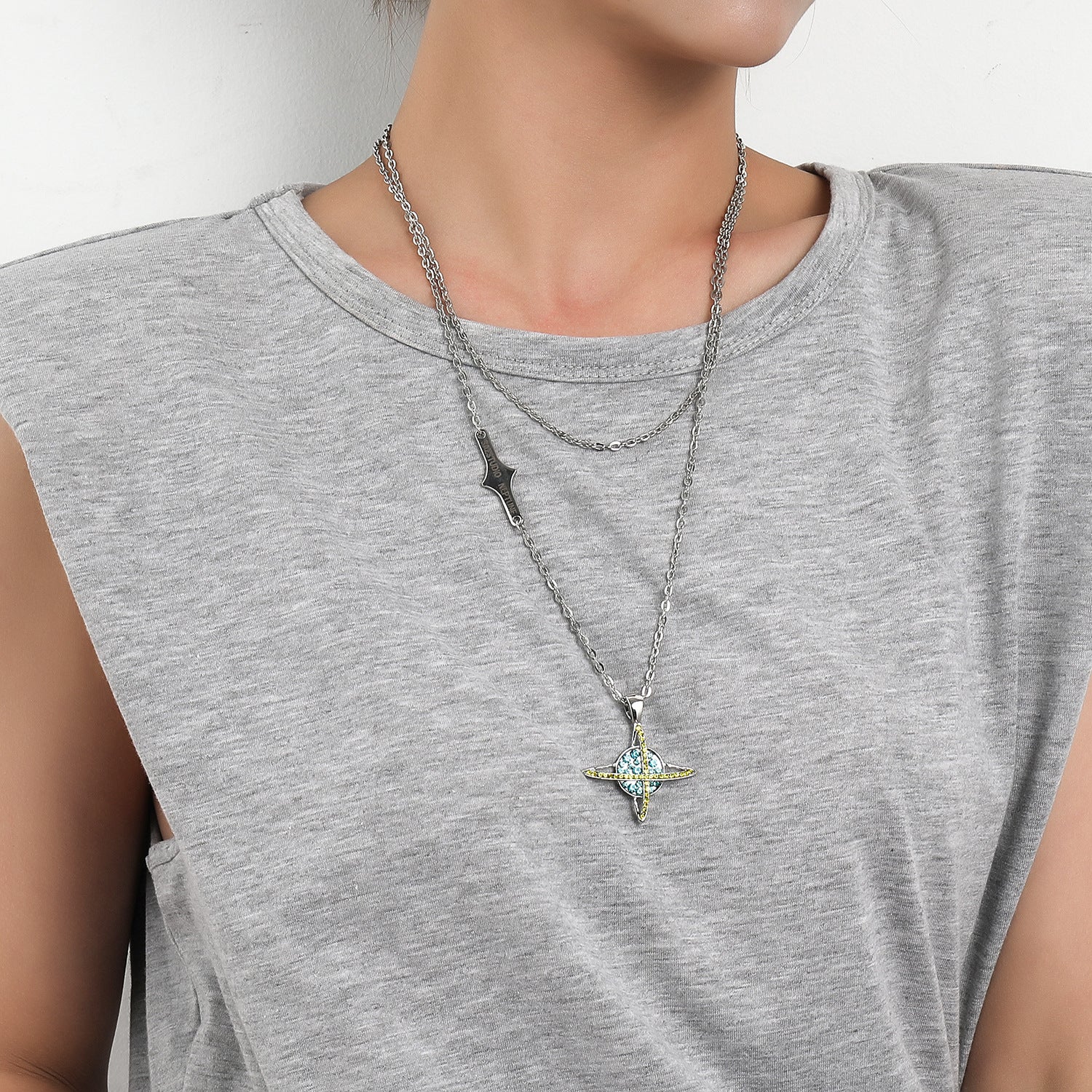 European and American cross-border jewelry, ins, hip-hop, full of diamonds, design, planet universe necklace, retro double-layered trendy brand men's and women's necklaces