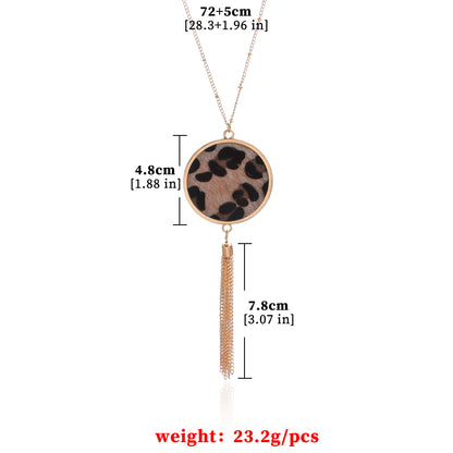 European and American cross-border jewelry, creative leopard print disc pendant necklace, women's hip-hop retro long tassel sweater necklace