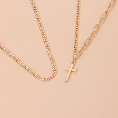 European and American cross-border jewelry women's vintage geometric cross pendant necklace hip hop fashion new double-layer necklace