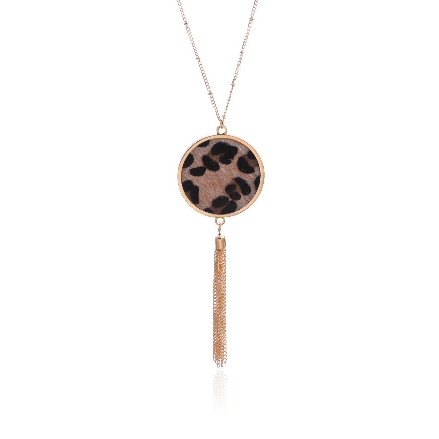 European and American cross-border jewelry, creative leopard print disc pendant necklace, women's hip-hop retro long tassel sweater necklace