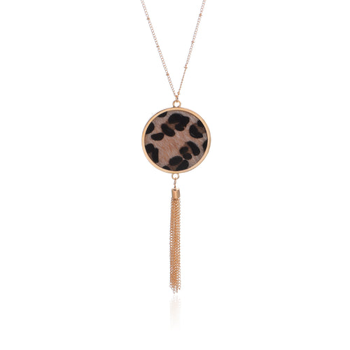 European and American cross-border jewelry, creative leopard print disc pendant necklace, women's hip-hop retro long tassel sweater necklace