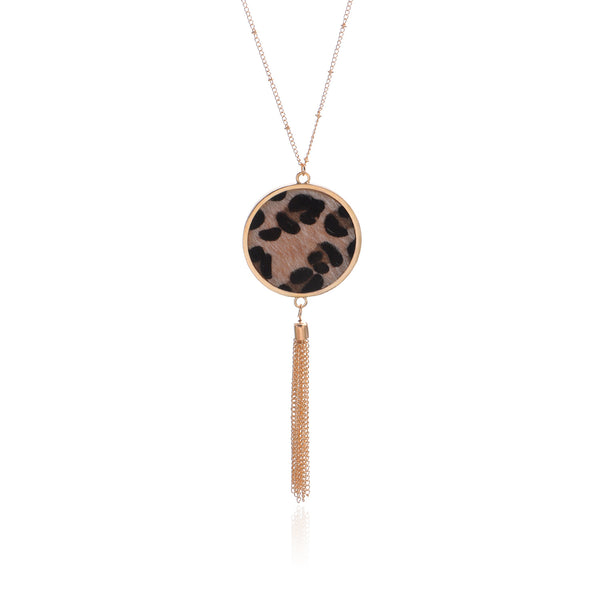 European and American cross-border jewelry, creative leopard print disc pendant necklace, women's hip-hop retro long tassel sweater necklace
