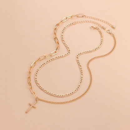 European and American cross-border jewelry women's vintage geometric cross pendant necklace hip hop fashion new double-layer necklace