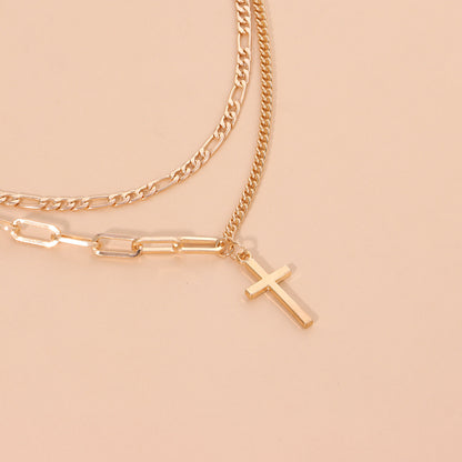 European and American cross-border jewelry women's vintage geometric cross pendant necklace hip hop fashion new double-layer necklace