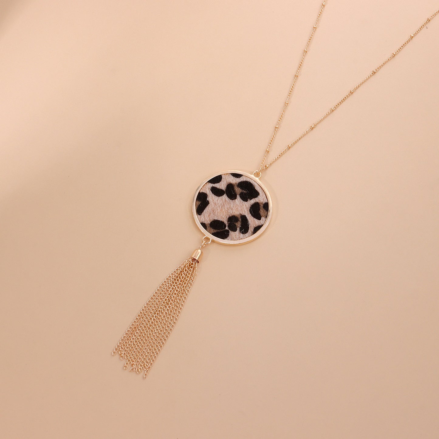 European and American cross-border jewelry, creative leopard print disc pendant necklace, women's hip-hop retro long tassel sweater necklace