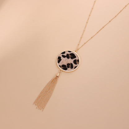 European and American cross-border jewelry, creative leopard print disc pendant necklace, women's hip-hop retro long tassel sweater necklace