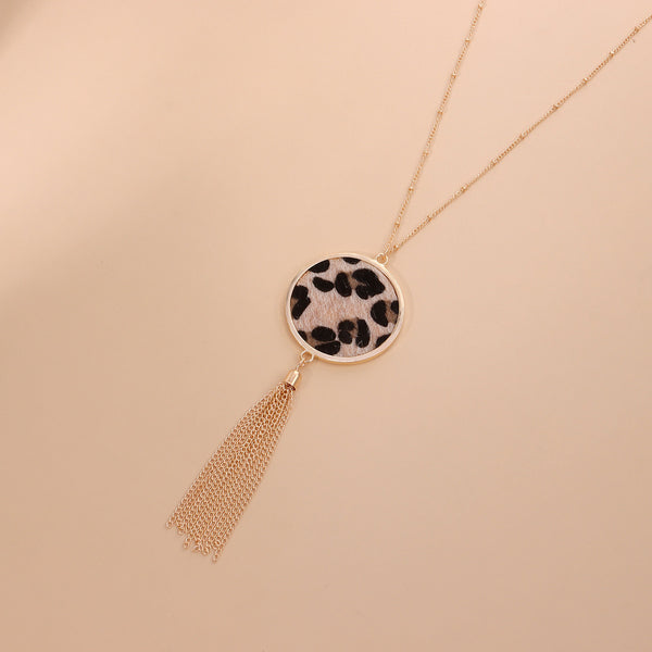 European and American cross-border jewelry, creative leopard print disc pendant necklace, women's hip-hop retro long tassel sweater necklace